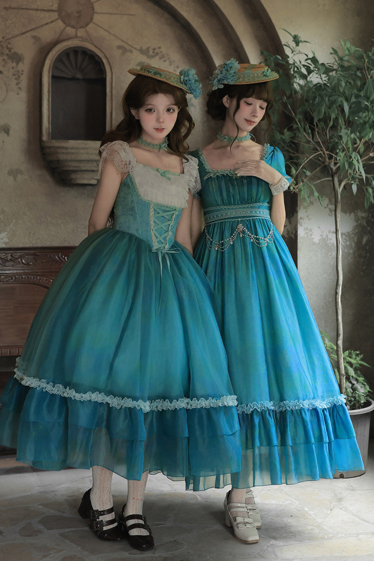 Blue/Green [Water Lily] Square Collar Ruffled Lace-Up Sweet Royal Lolita Dress 2 Versions - Product - 4