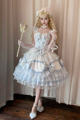 White/Blue [Flower Dream Isle] Square Collar Multi-Layered Ruffled Bow Lace Sweet Lolita Jsk Dress - White/Blue - 1