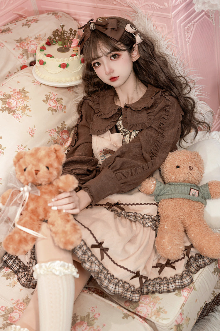 Khaki [Cute Bear] Embroidery Print Sleeveless Double-Layered Ruffle Bowknot Sweet Lolita Jsk Dress - Product - 4
