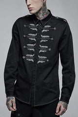 Black Lapel Collar Long Sleeves Skull Print Embroidery Mens Steampunk Blouse - Black - 1