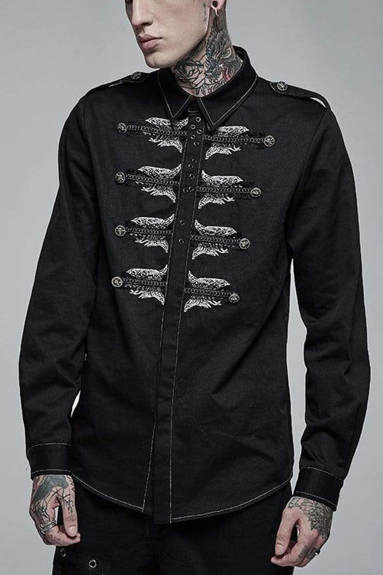 Black Lapel Collar Long Sleeves Skull Print Embroidery Mens Steampunk Blouse - Black - 1