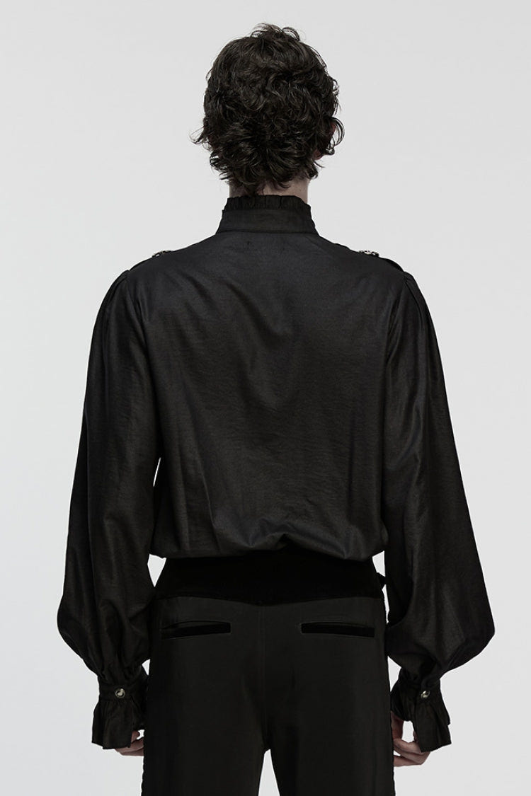 Black Stand Collar Long Puff Sleeves Ruffle Pleated Men's Gothic Blouse - Product - 3