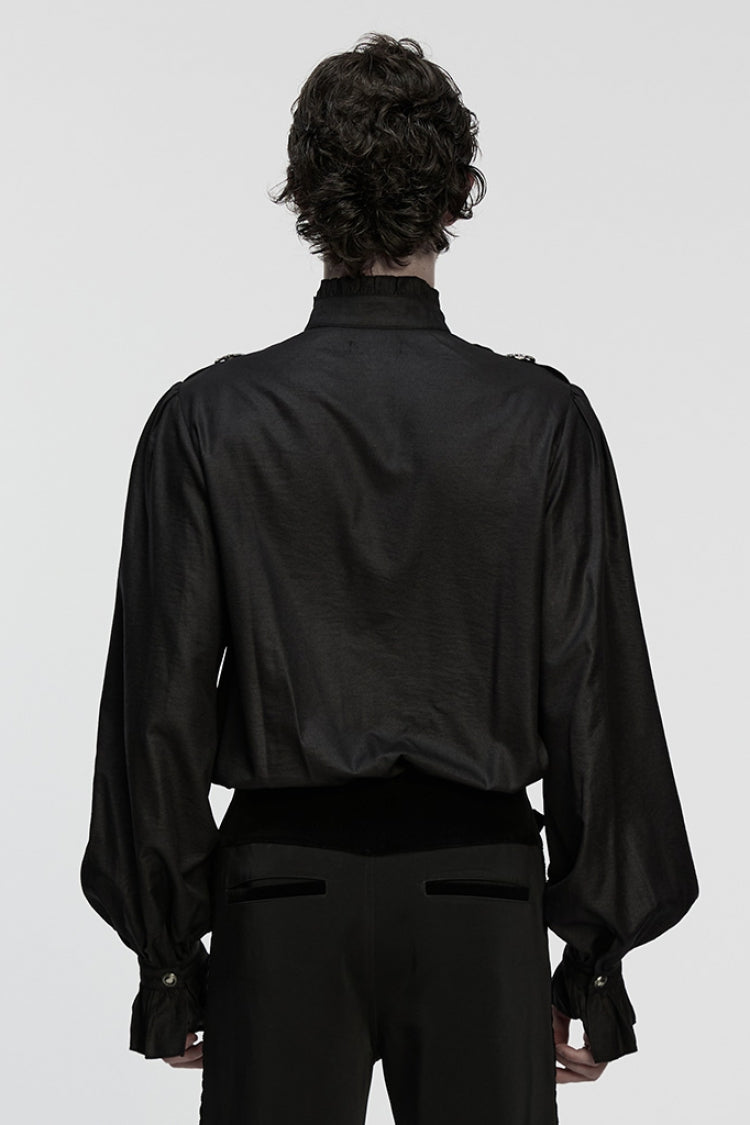 Black Stand Collar Long Puff Sleeves Ruffle Pleated Men's Gothic Blouse - Product - 3