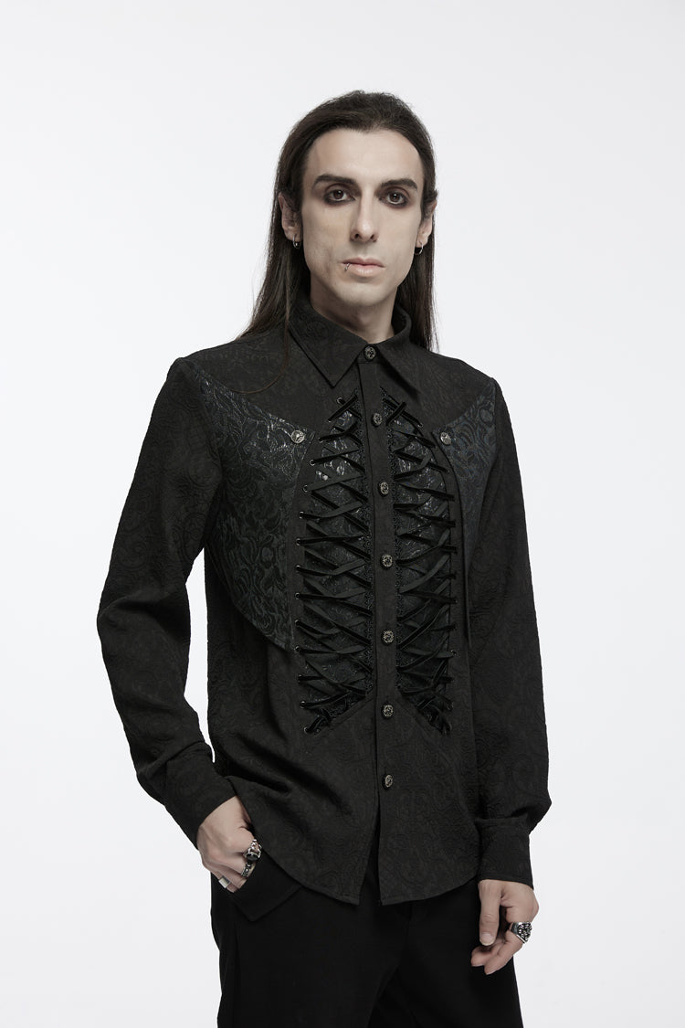 Black Lapel Collar Long Sleeves Jacquard Print Drawstring Lace-Up Men's Gothic Blouse - Product - 3