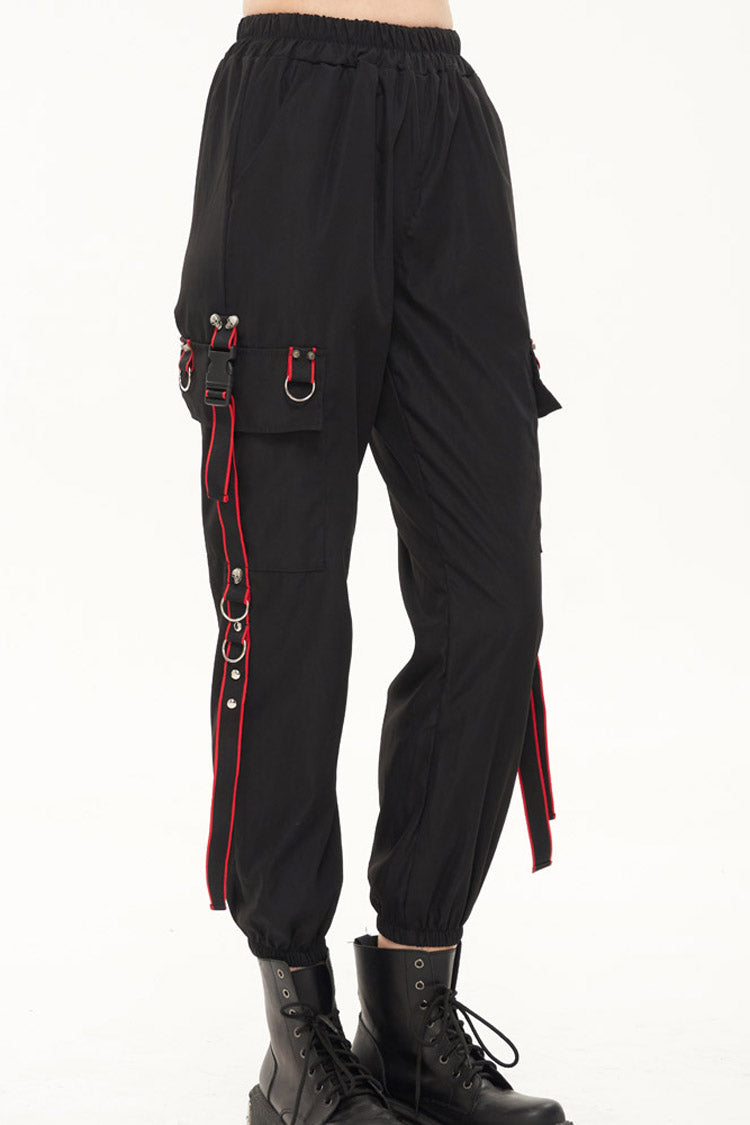 Black Punk Casual Skull Webbing Decoration Women's Long Pants - Product - 4