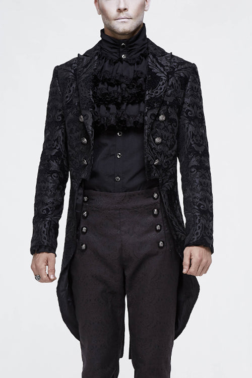 Black Gothic Jacquard Mens Coat With Slit - Black - 1