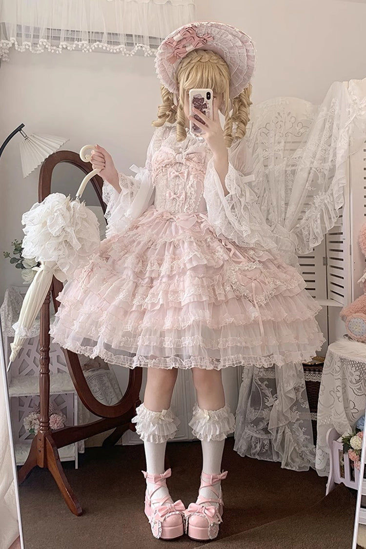 Pink [Sweetheart Diary] Multi-Layered Ruffle Hanayome Embroidery Bowknot Lace Sweet Lolita Jsk Dress - Product - 16