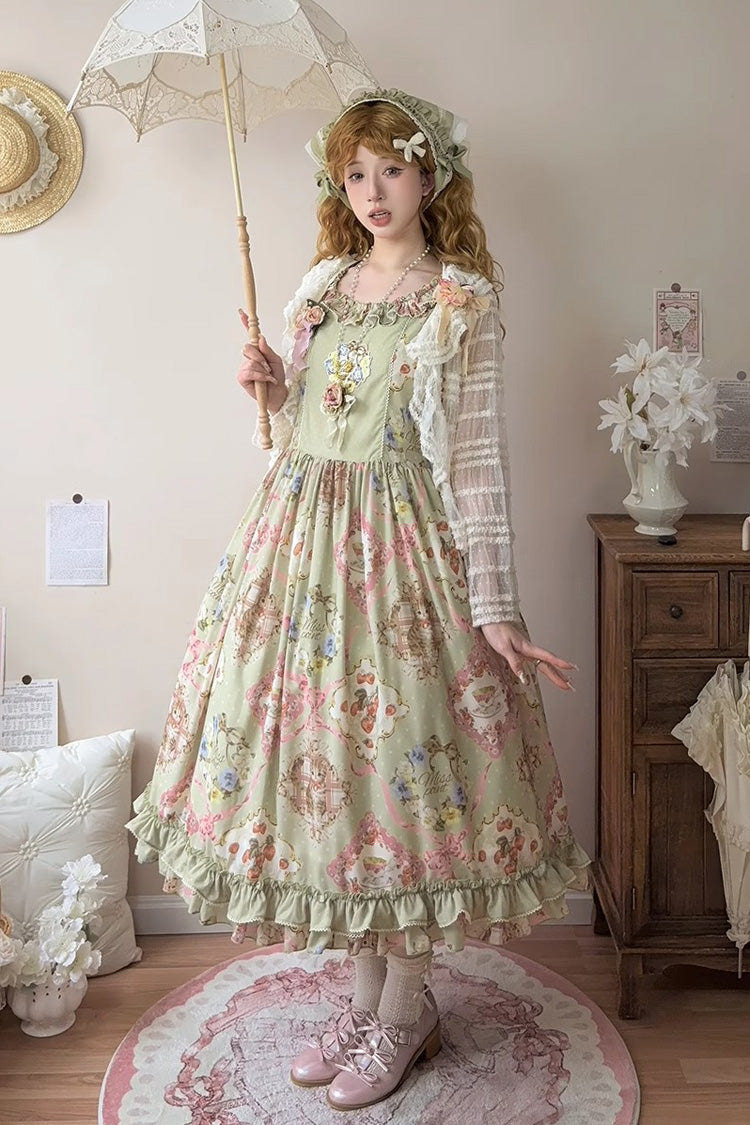 Green [Cat Rose Tea] Sleeveless Print Ruffle Bowknot Sweet Lolita Jsk Dress - Product - 4