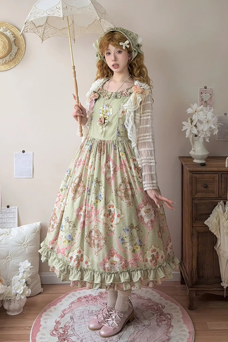 Green [Cat Rose Tea] Sleeveless Print Ruffle Bowknot Sweet Lolita Jsk Dress - Product - 4