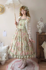 Green [Cat Rose Tea] Sleeveless Print Ruffle Bowknot Sweet Lolita Jsk Dress - Product - 4