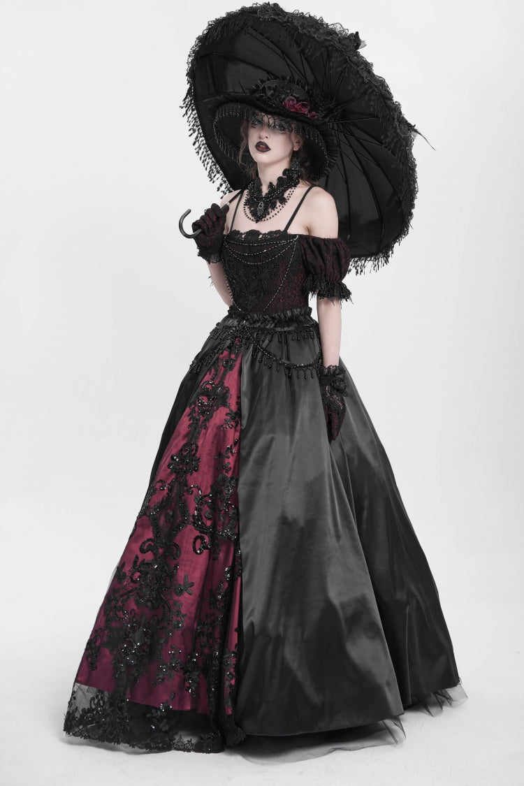 Black/Red Off Shoulder Embroidery Stitching Lace Women's Gothic Dress - Product - 11