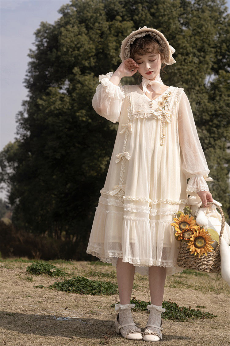 Ivory [Sunflower Diary] Long Sleeves Ruffle Embroidery Bowknot Lace Chiffon Sweet Princess Lolita Dress - Product - 5