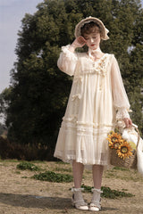 Ivory [Sunflower Diary] Long Sleeves Ruffle Embroidery Bowknot Lace Chiffon Sweet Princess Lolita Dress - Product - 5