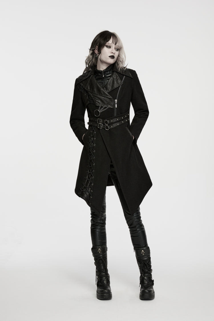 Black Lapel Collar Long Sleeves Patchwork Lace-Up Asymmetric Buckled Women's Punk Cool Coat - Product - 6