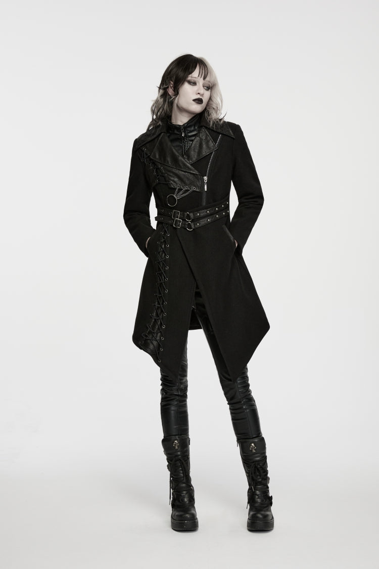 Black Lapel Collar Long Sleeves Patchwork Lace-Up Asymmetric Buckled Women's Punk Cool Coat - Product - 6