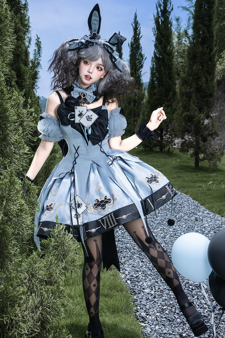 Blue [The Clock Rabbit's Card Game] Sleeveless Jacquard Ruffled Embroidered Bow Lace-Up Gothic Lolita Jsk Dress - Product - 11