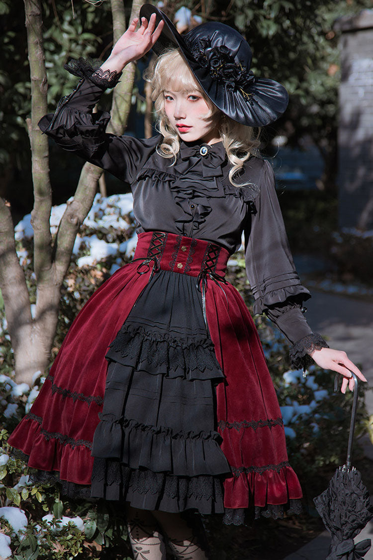 White/Black Stitching Cardigan Ruffled Multi-Layer Gothic Lolita Skirt Dress - Black - 9