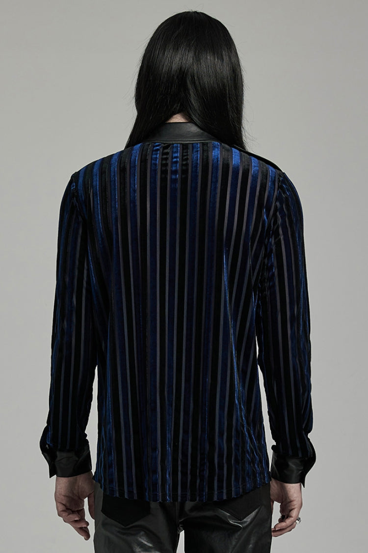 Black/Blue Lapel Collar Stitching Slim Men's Gothic Blouse - Product - 3