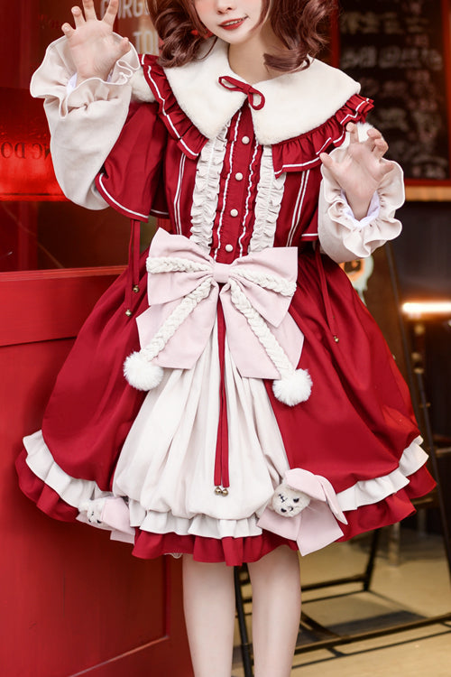Red Round Collar Ruffled Long Lantern Sleeves Sweet Lolita OP Dress - Red - 1