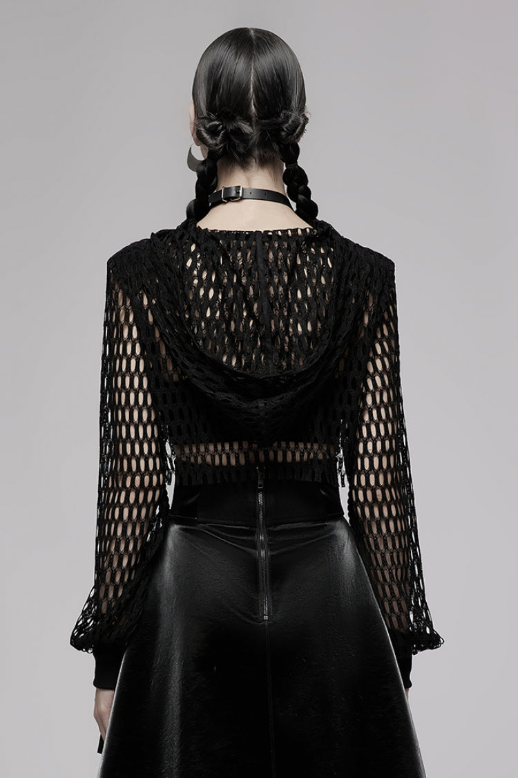 Black Long Sleeves Hollow Hooded Buckle Decoration Women's Punk Blouse - Product - 3