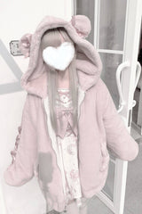[Sleepy Bear Fluffy] Bear Ears Long Sleeves Bow Lace-Up Hooded Zippered Sweet Jirai Kei Japanese Coat - Product - 7