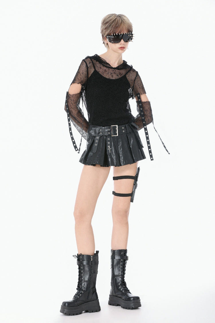 Black Low Waisted Eyelet Women's Punk Shorts with Asymmetric Pleated Belt - Product - 10