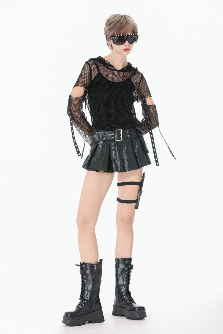 Black Low Waisted Eyelet Women's Punk Shorts with Asymmetric Pleated Belt - Product - 10