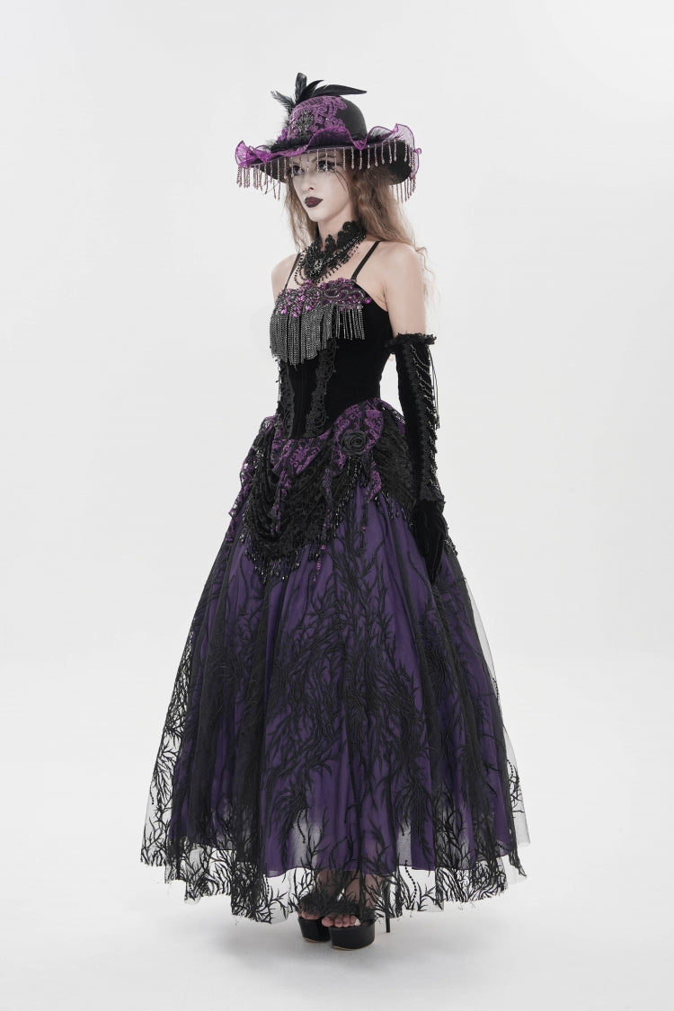 Black/Purple Lace-Up Women's Gothic Embroidered Tassels  Overbust Corset - Product - 3