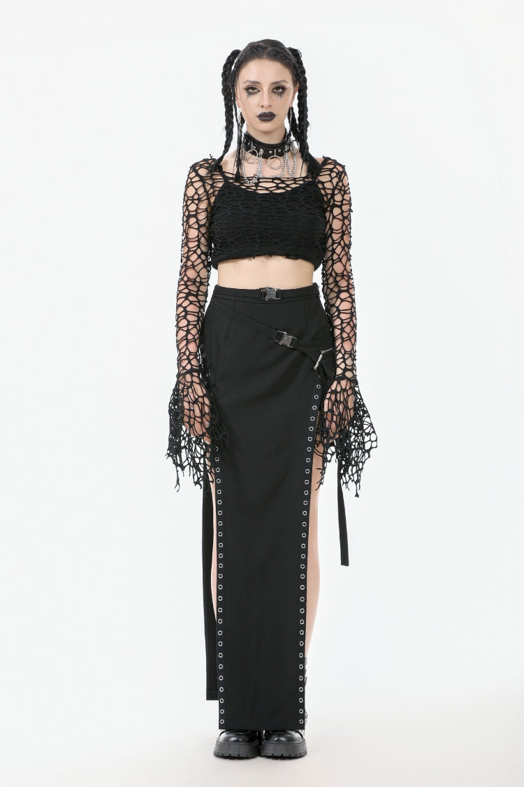 Black Women's Gothic Long Flared Sleeves Hollow-out Mesh Crop Top - Product - 5
