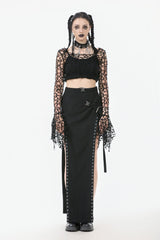 Black Women's Gothic Long Flared Sleeves Hollow-out Mesh Crop Top - Product - 5