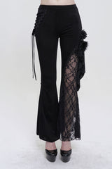 Black Velvet Single Side Stitching Rose Net Side Rope Decoration Asymmetric Pattern Flare Women's Gothic Pants - Black - 1