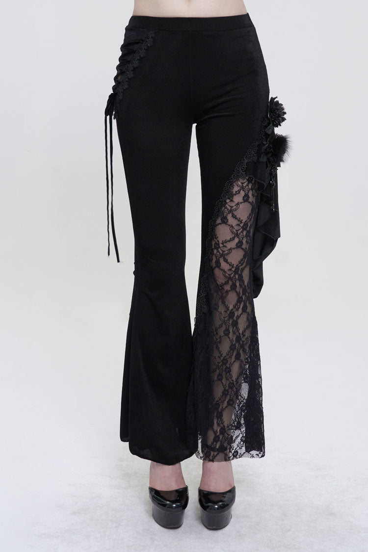 Black Velvet Single Side Stitching Rose Net Side Rope Decoration Asymmetric Pattern Flare Women's Gothic Pants - Black - 1