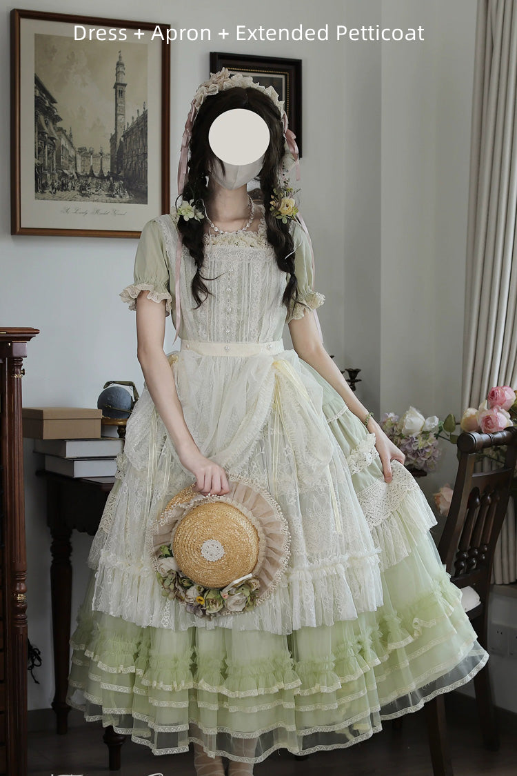 Muscat Green [Vintage Ball 3.0] Square Collar Short Sleeves Lace Pearl Detail Sweet Lolita Dress - Product - 11
