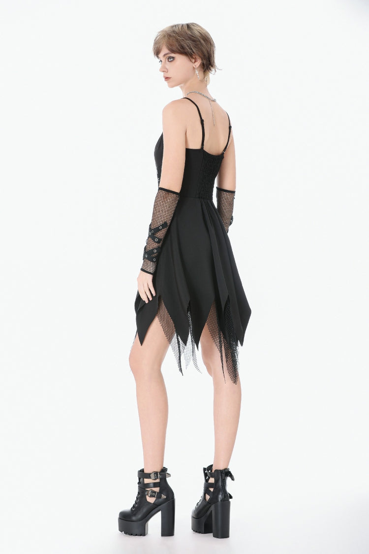 Black Sleeveless Mesh Spliced Studded Zipper Women's Punk Slip Dress - Product - 11