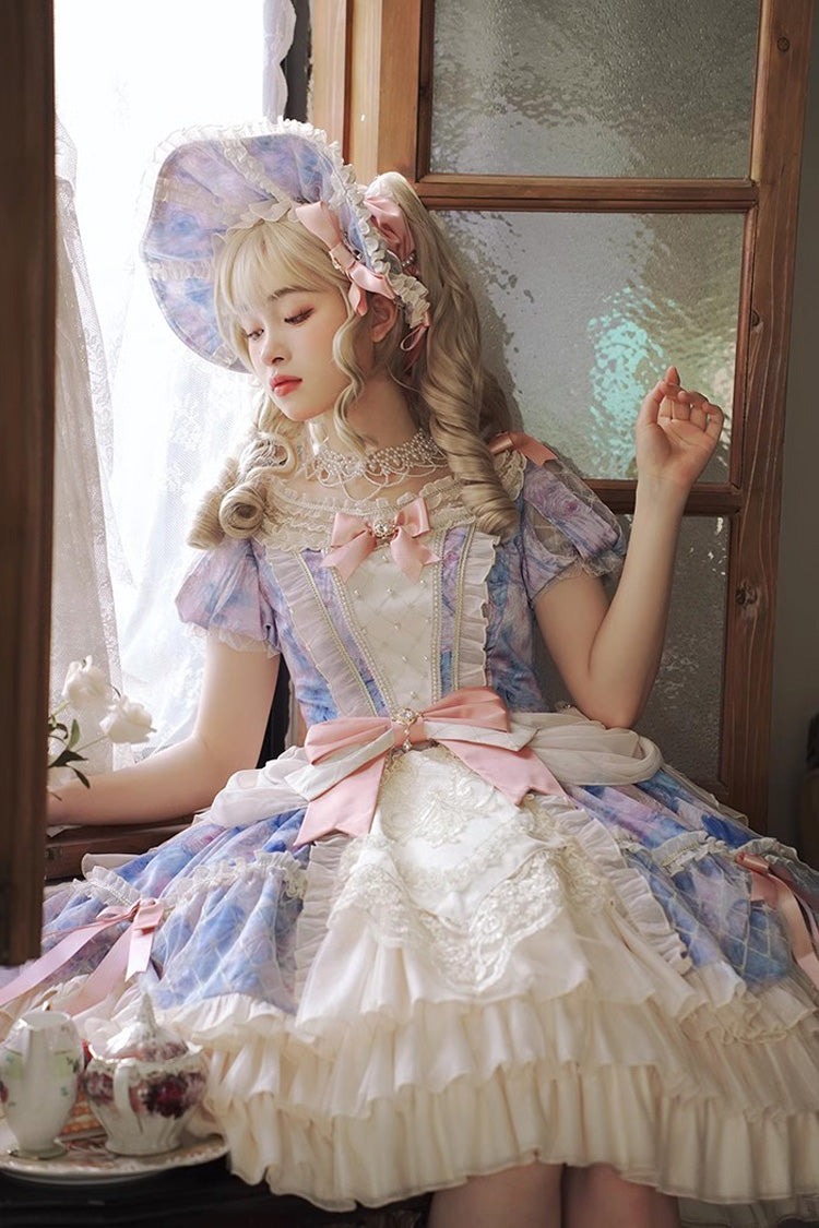 [Angel Heart Sky Oil Painting] Print Ruffle Cardigan Bowknot Sweet Princess Lolita Dress 3 Colors - Product - 2