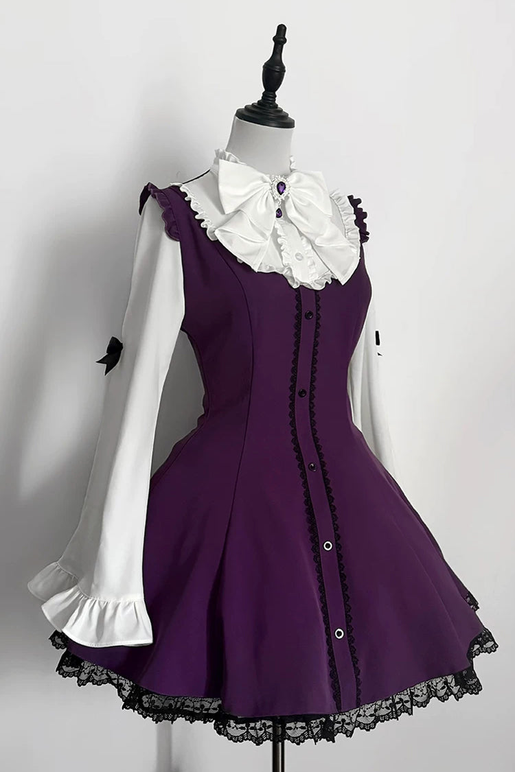 Jirai Kei Stand Collar Long Trumpet Sleeves Ruffled Bow Lace Japanese Dress 4 Colors - Product - 2