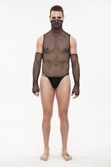Black Transparent Mesh Sexy Super High Collar Masked Glove Thong Men's Punk Onesie - Product - 4