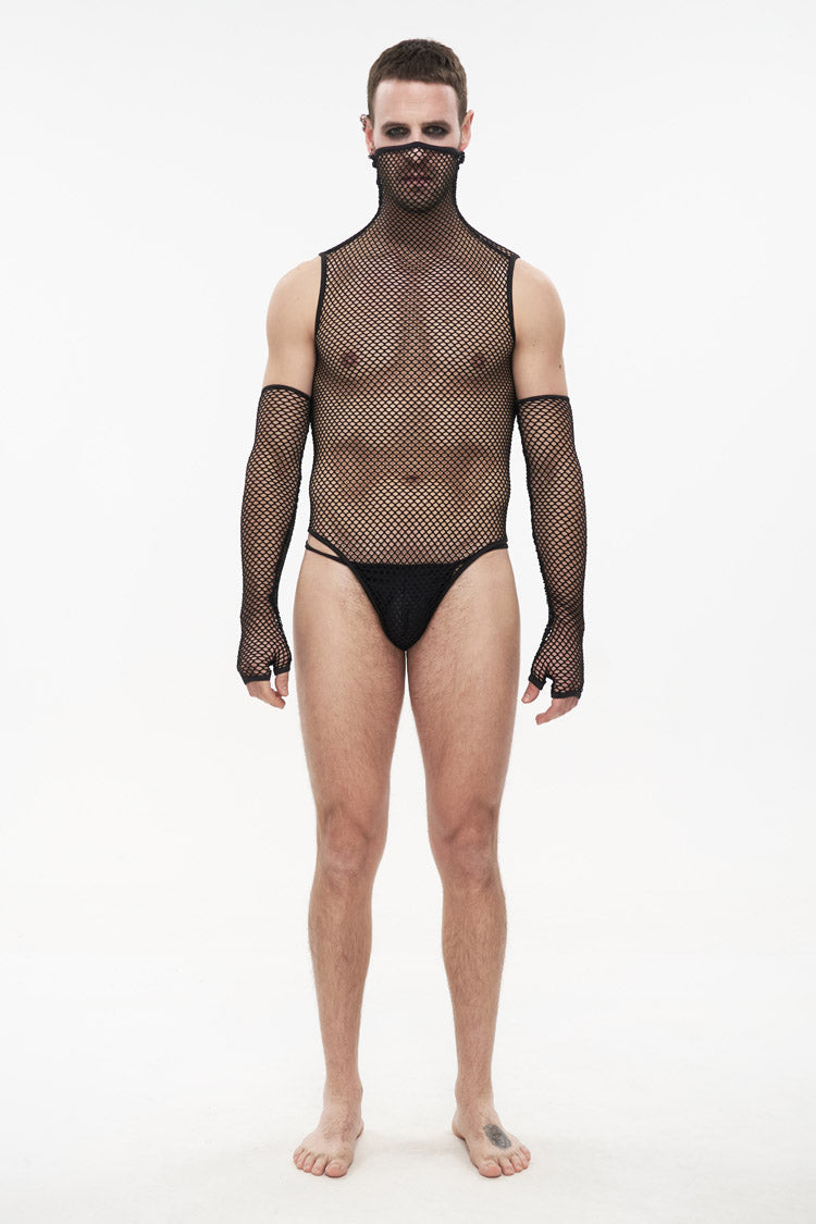 Black Transparent Mesh Sexy Super High Collar Masked Glove Thong Men's Punk Onesie - Product - 4
