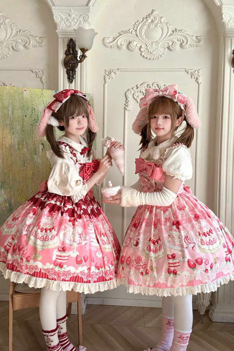 Red/Pink [Strawberry Cake] Printed Ruffled Bow Daily Sweet Lolita Jsk Dress - Product - 6