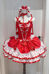 Red [Jasmine Rain] Square Collar Sleeveless Triple-Layered Polka Dot Printed Ruffled Bow Lace Sweet Lolita Jsk Dress - Red(Dress-Only) - 1