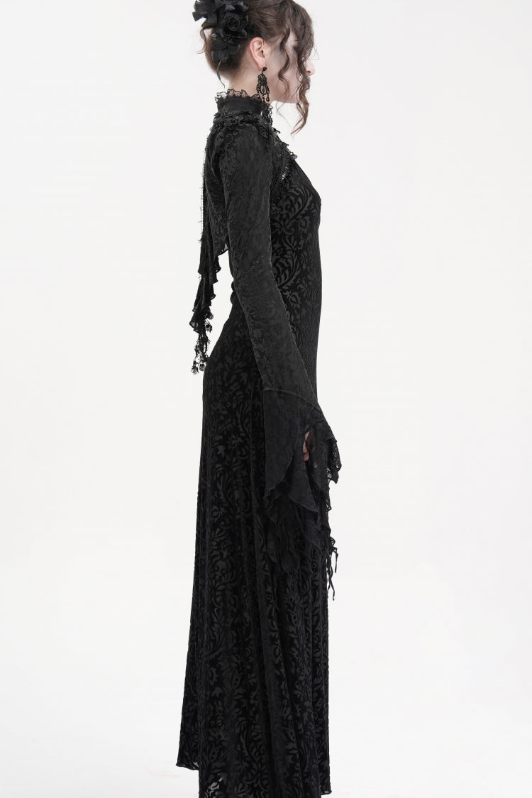 Black Stand Collar Long Sleeves Lace Tassels Women's Gothic Cape - Product - 6