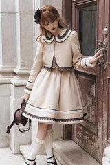 Light Tan Doll Collar Bowknot Autumn Winter Sweet College Style Lolita Dress Two Piece Set - Product - 3