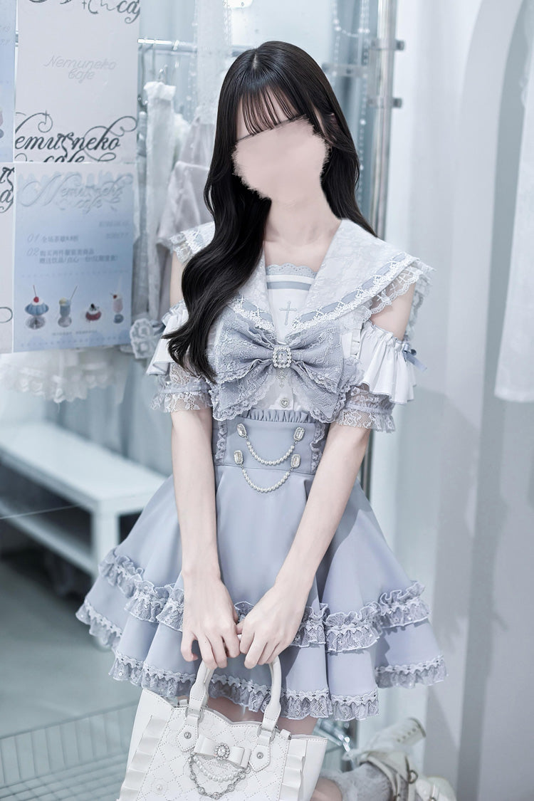 Aqua [Apprentice Witch] Off Shoulder Navy Collar Short Sleeves Ruffled Bow Lace Pearl Detail Classic Jirai Kei Japanese Skirt Set - Product - 3