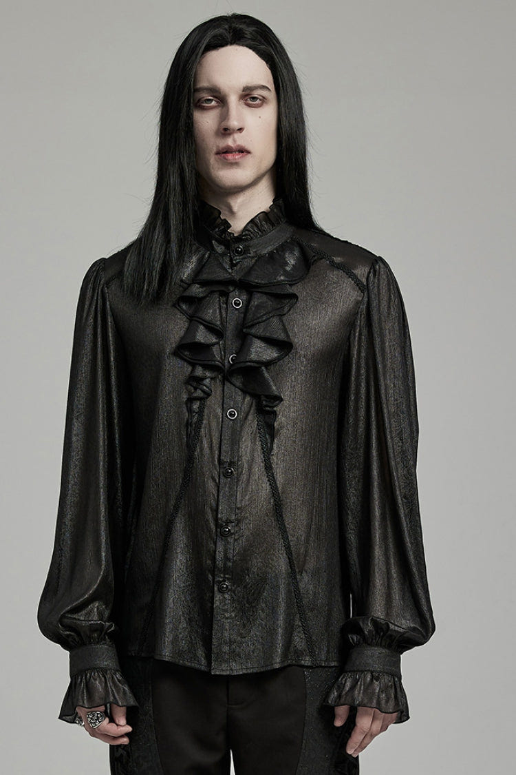 Black Stand Collar Jacquard Ruffle Men's Gothic Blouse - Product - 1