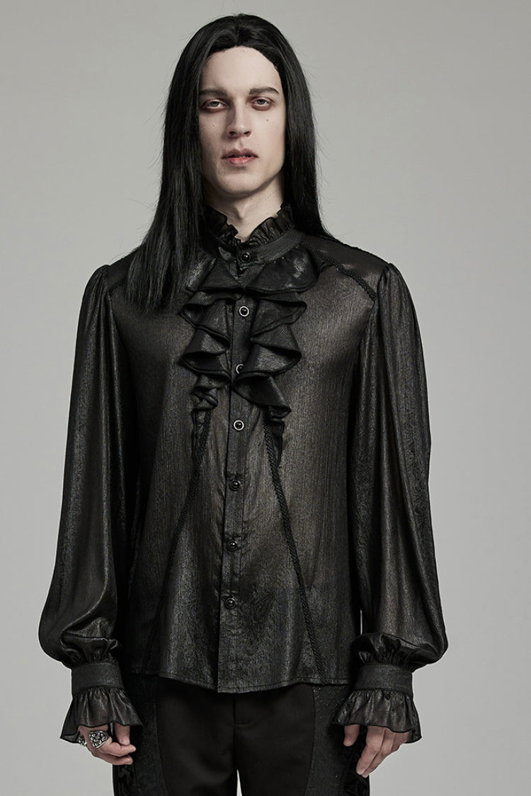 Black Stand Collar Jacquard Ruffle Men's Gothic Blouse - Product - 1