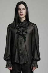 Black Stand Collar Jacquard Ruffle Men's Gothic Blouse - Product - 1