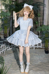 Blue [Seven Day Bell] Navy Collar Short Sleeves Printed Ruffled Bow Sweet Lolita Dress 2 Versions - Product - 15