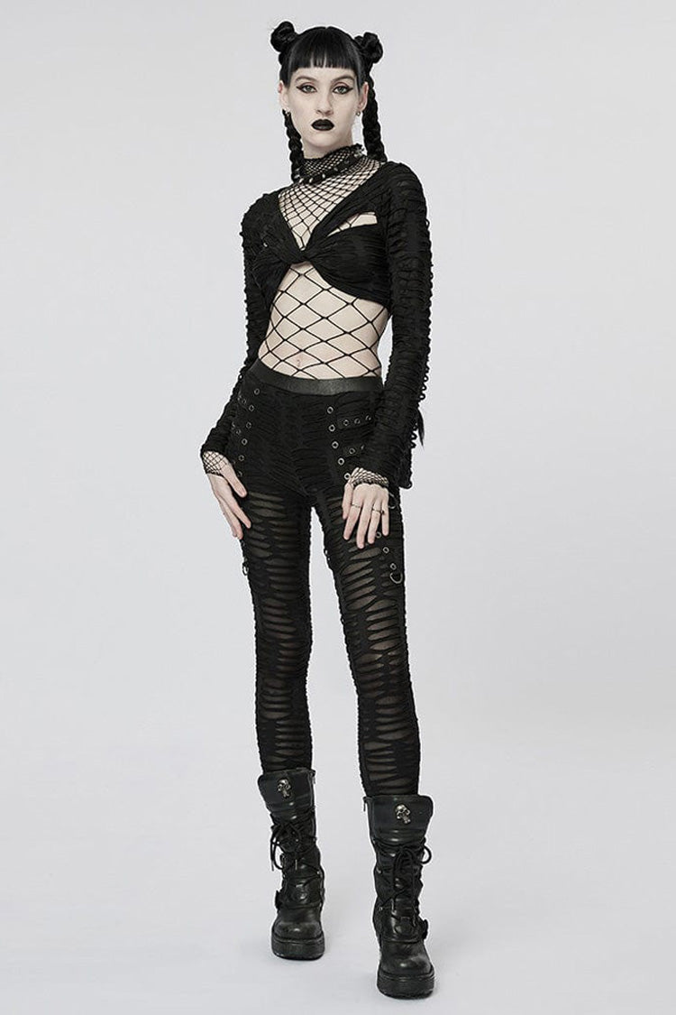 Black Long Sleeve Creative Twist Stretch Sexy Women's Gothic T-Shirt - Product - 4