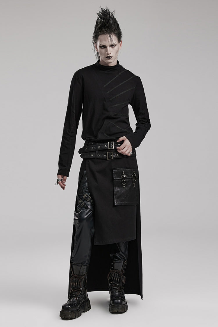 Black Buckle Belt Asymmetric Men's Steampunk Skirt with Side Pockets - Product - 4
