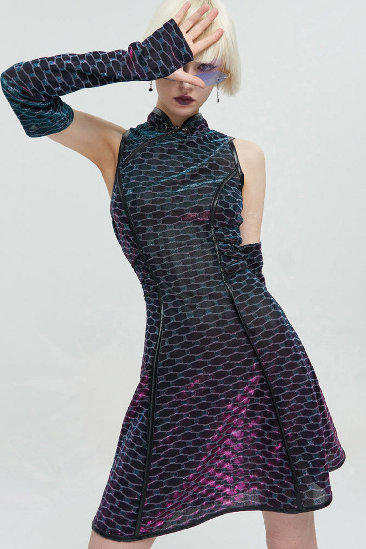 Multi-Color Punk Chinese Style Cheongsam Collar Sleeveless Women's Short Dress - Product - 3